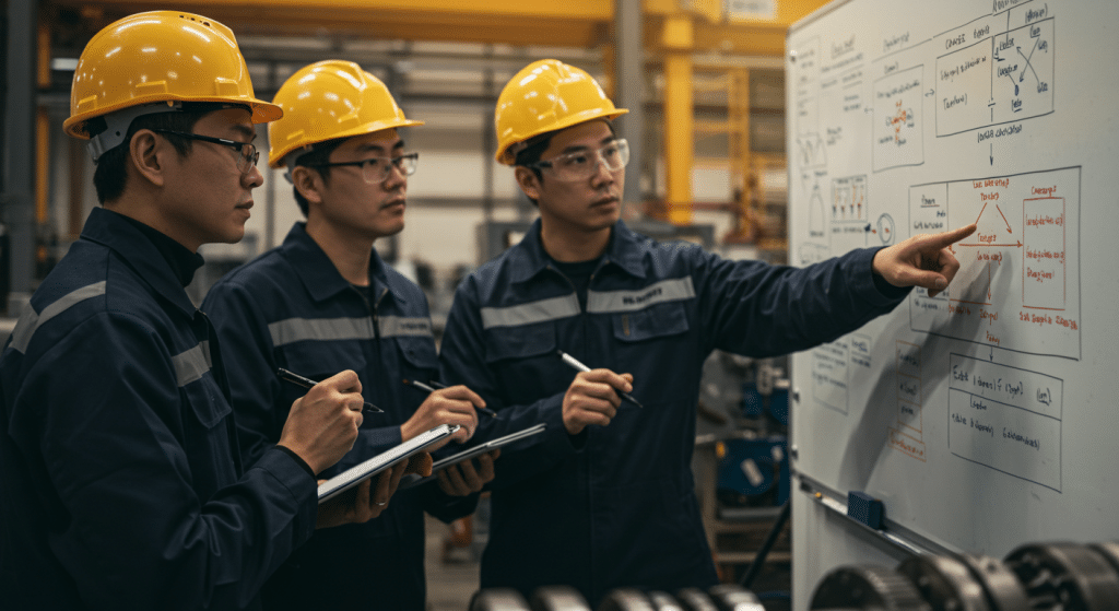 Engineers discussing how Apollo Root Cause Analysis Training helps prevent costly failures during a problem-solving session in an industrial setting.