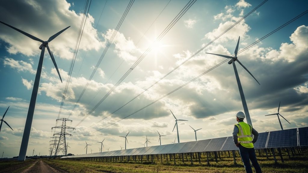 A worker in a safety vest stands beside rows of solar panels with multiple wind turbines and overhead transmission lines in the background, representing interconnected renewable systems feeding electricity into the power grid.