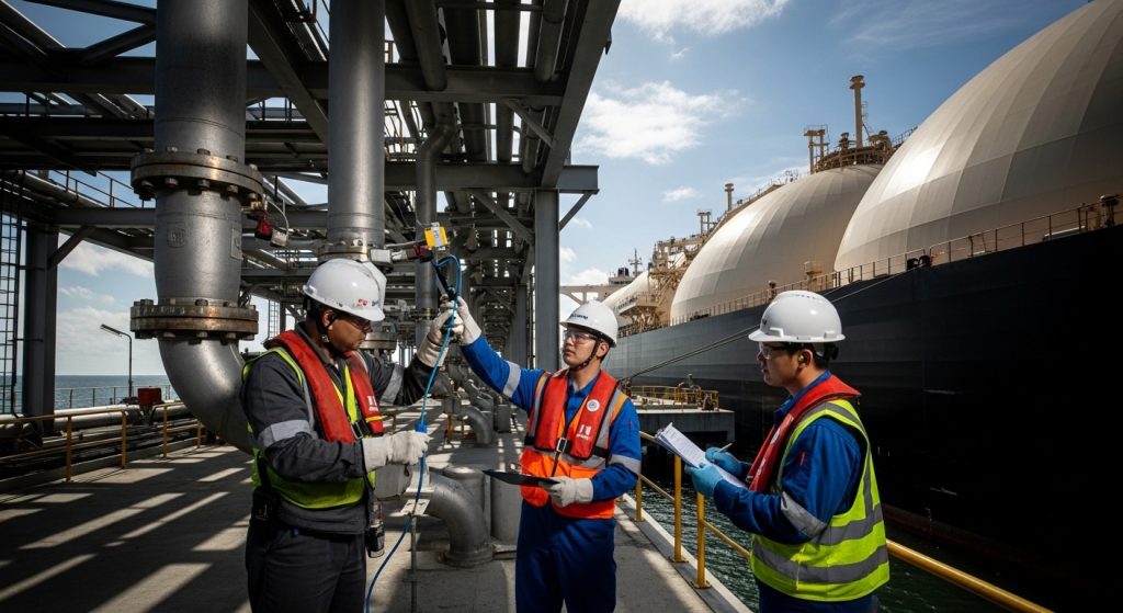 Three LNG terminal workers in PPE inspect piping and a valve connection on a loading jetty while an LNG carrier with spherical cargo tanks is moored alongside in bright daylight.