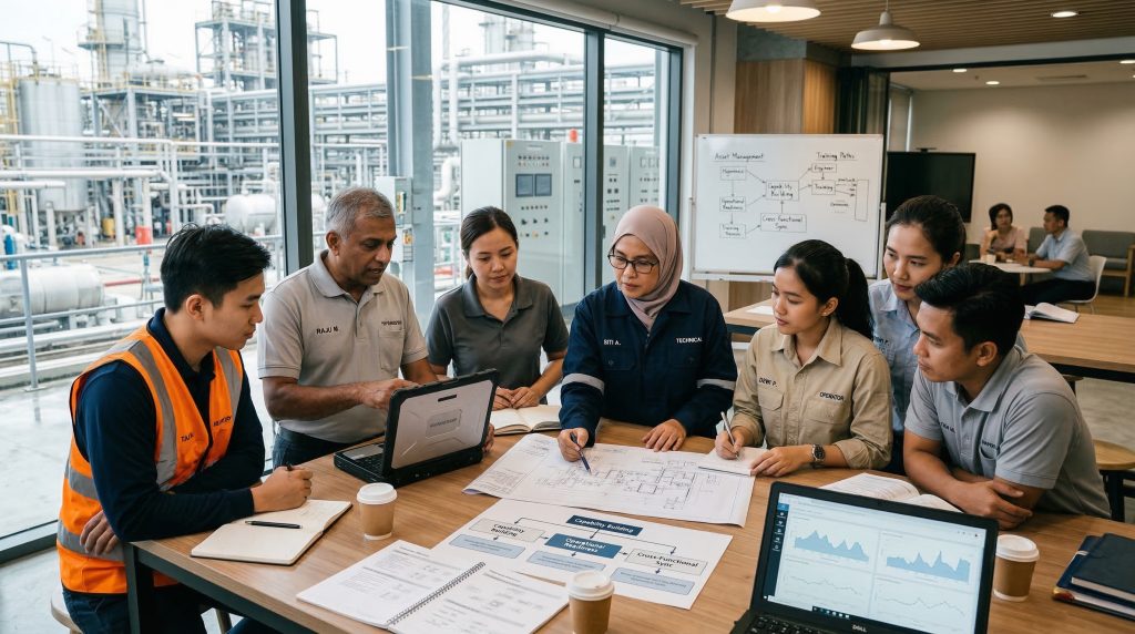 Energy-sector workforce training session in Malaysia with engineers and plant personnel reviewing technical drawings and digital systems.