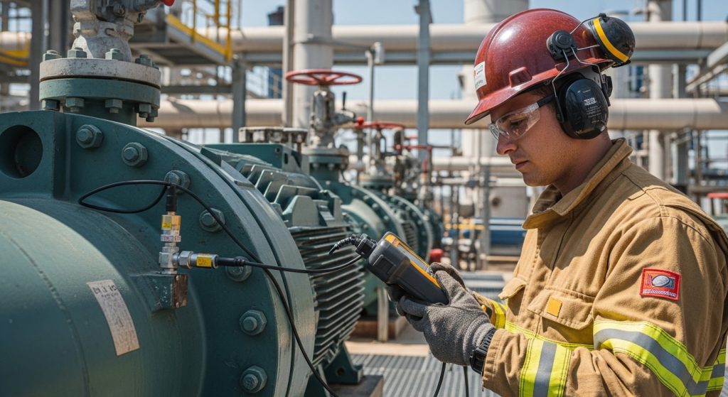 Technician performing condition monitoring on rotating equipment at an oil and gas facility.