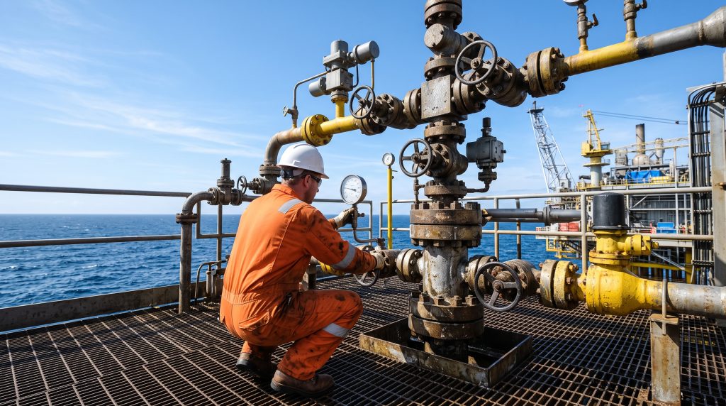 Engineer inspecting a wellhead pressure gauge on an offshore oil and gas platform, representing well integrity monitoring