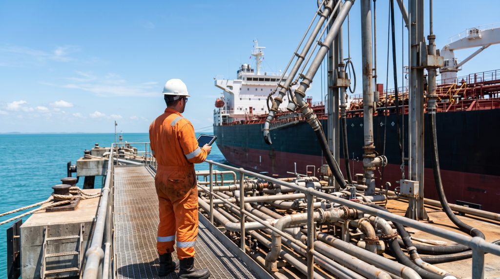 Loading Master in orange coveralls and a white hard hat checking a tablet on a jetty walkway while a tanker is moored alongside cargo hoses and pipework